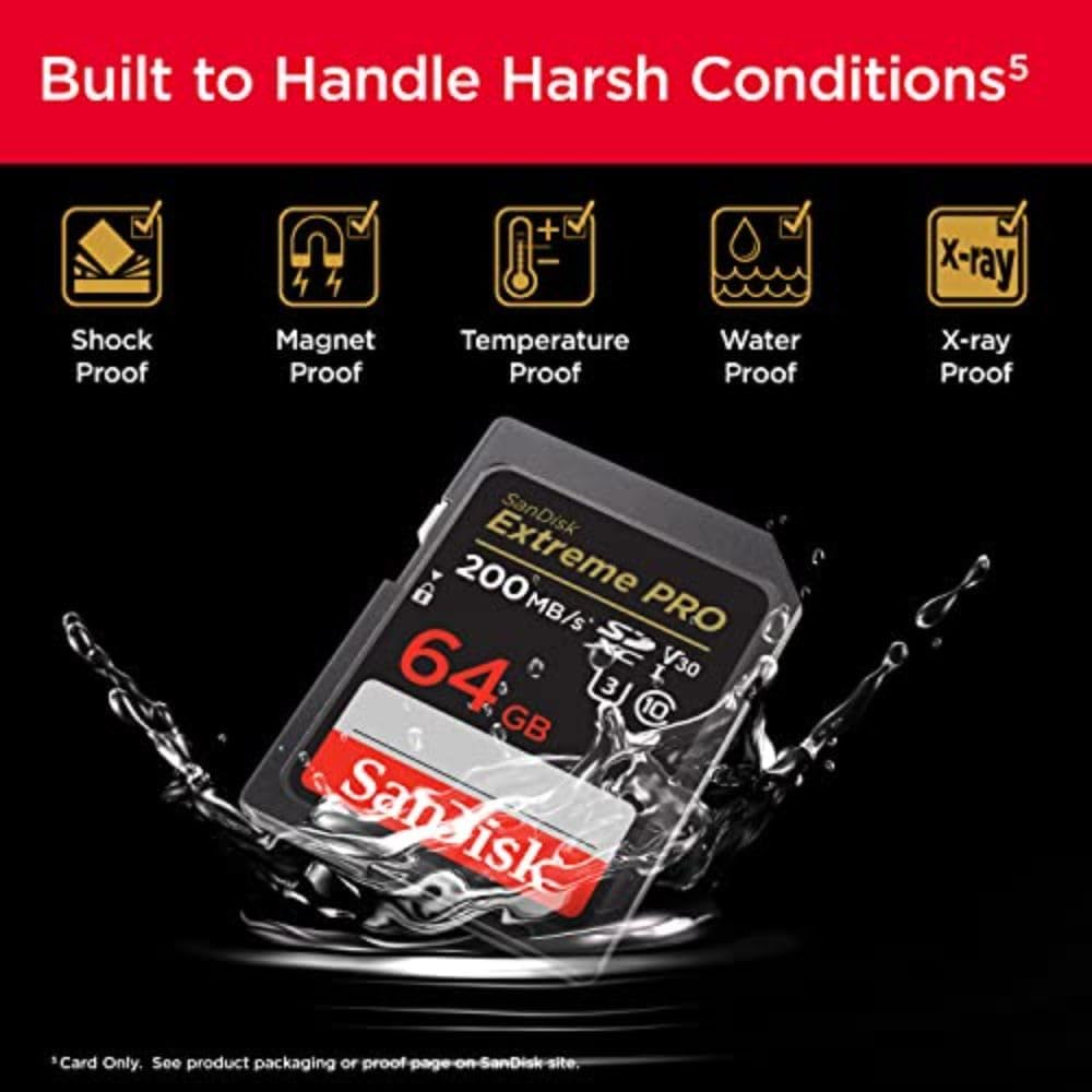 The SanDisk 64GB Extreme PRO SDXC SD Card, V30, 4K UHD 200 MB/s, UHS-I Class 10 U3 - Product View 5 available from Rouge Technologies