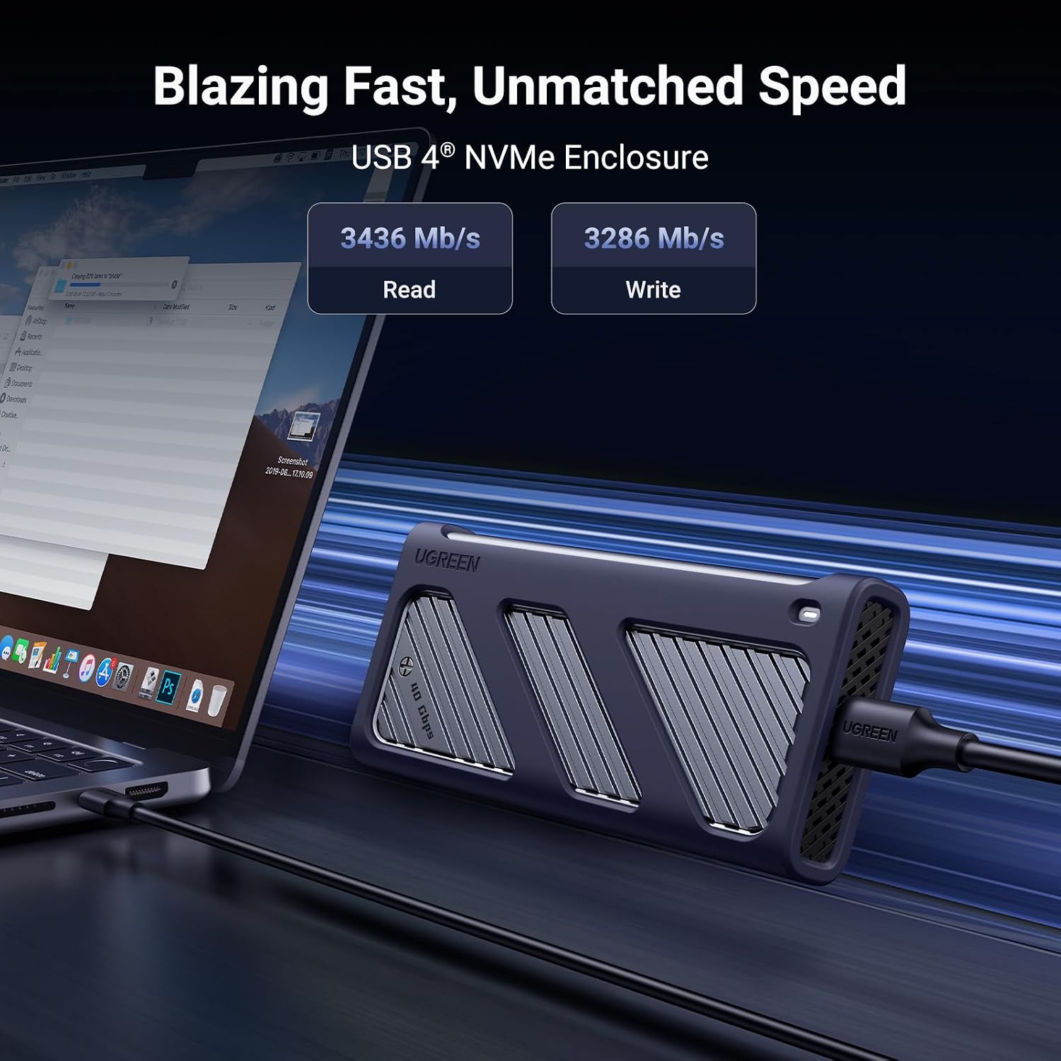 The UGREEN 40Gbps M.2 NVMe SSD Enclosure, Compatible with Thunderbolt 4 /USB4 - Product View 2 available from Rouge Technologies