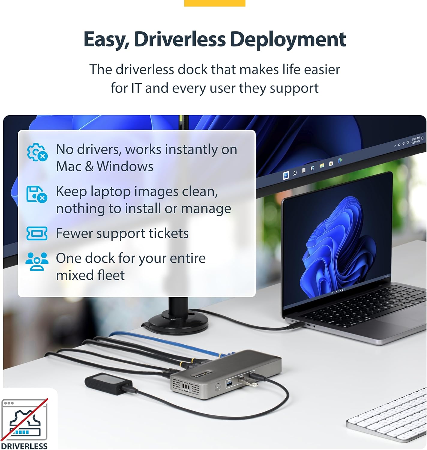 The StarTech USB4 Universal Dock Dual 4K 144Hz 8K 60Hz DisplayPort 100W Passtrough - Product View 3 available from Rouge Technologies