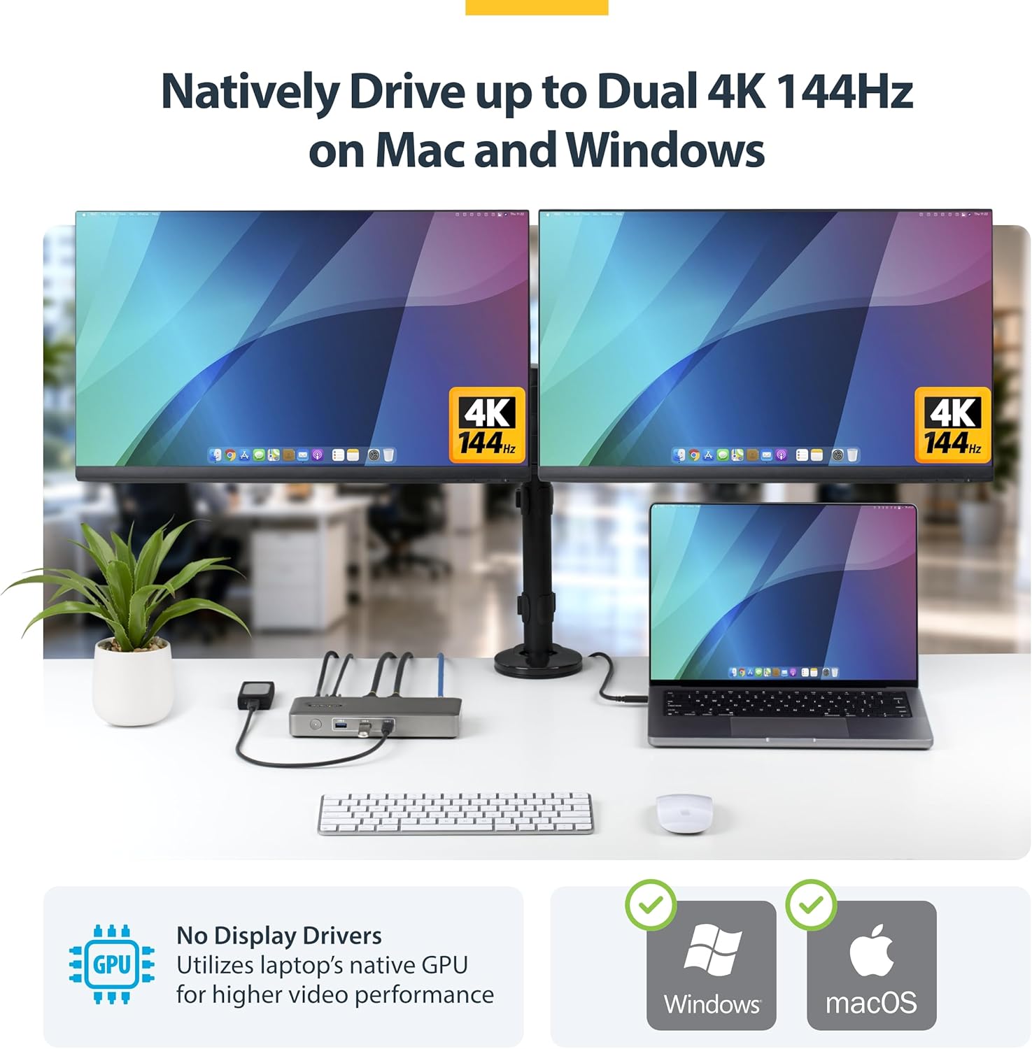 The StarTech USB4 Universal Dock Dual 4K 144Hz 8K 60Hz DisplayPort 100W Passtrough - Product View 4 available from Rouge Technologies