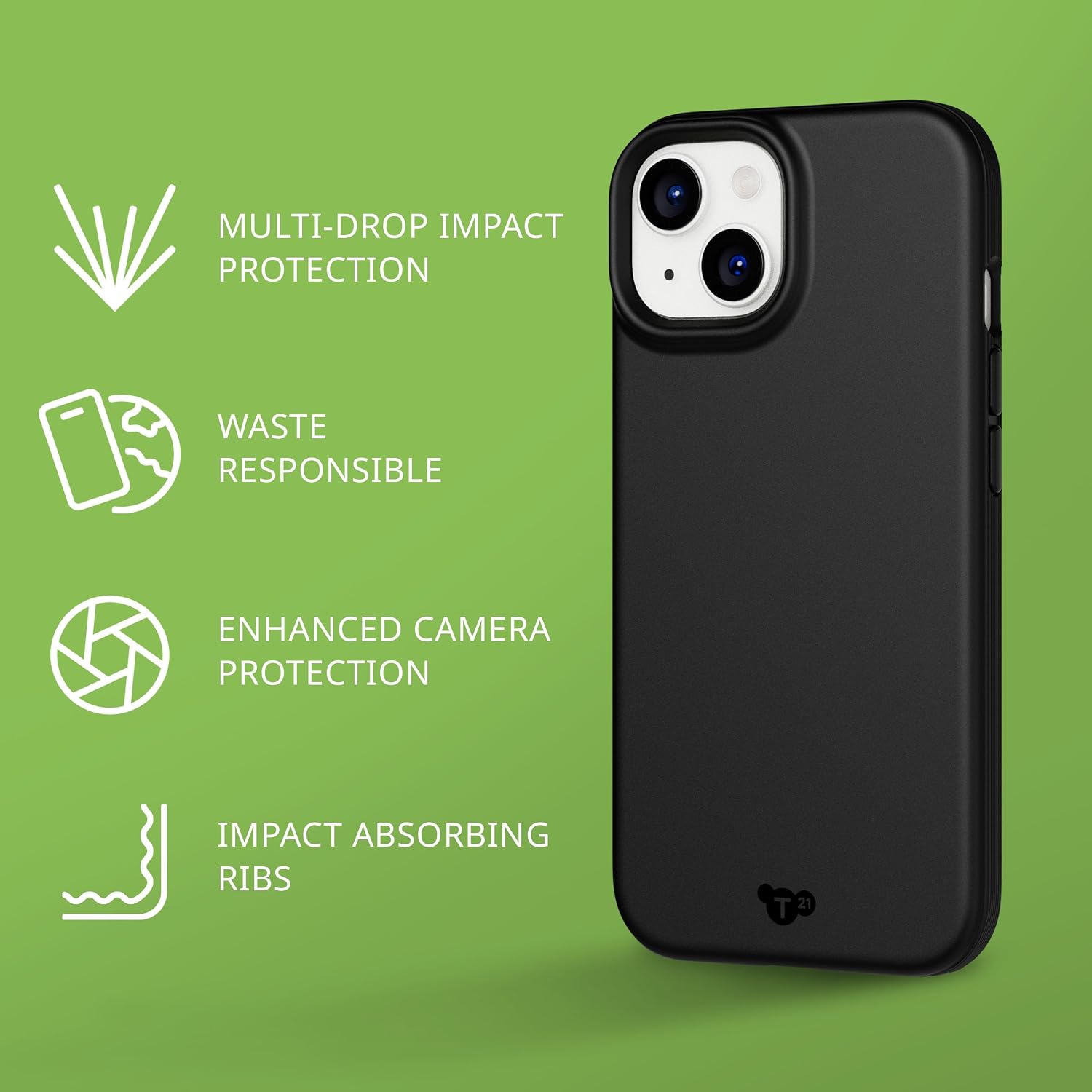 The Tech21 EvoLite iPhone 15 Black Impact Protection Case with Camera Protection - Product View 3 available from Rouge Technologies