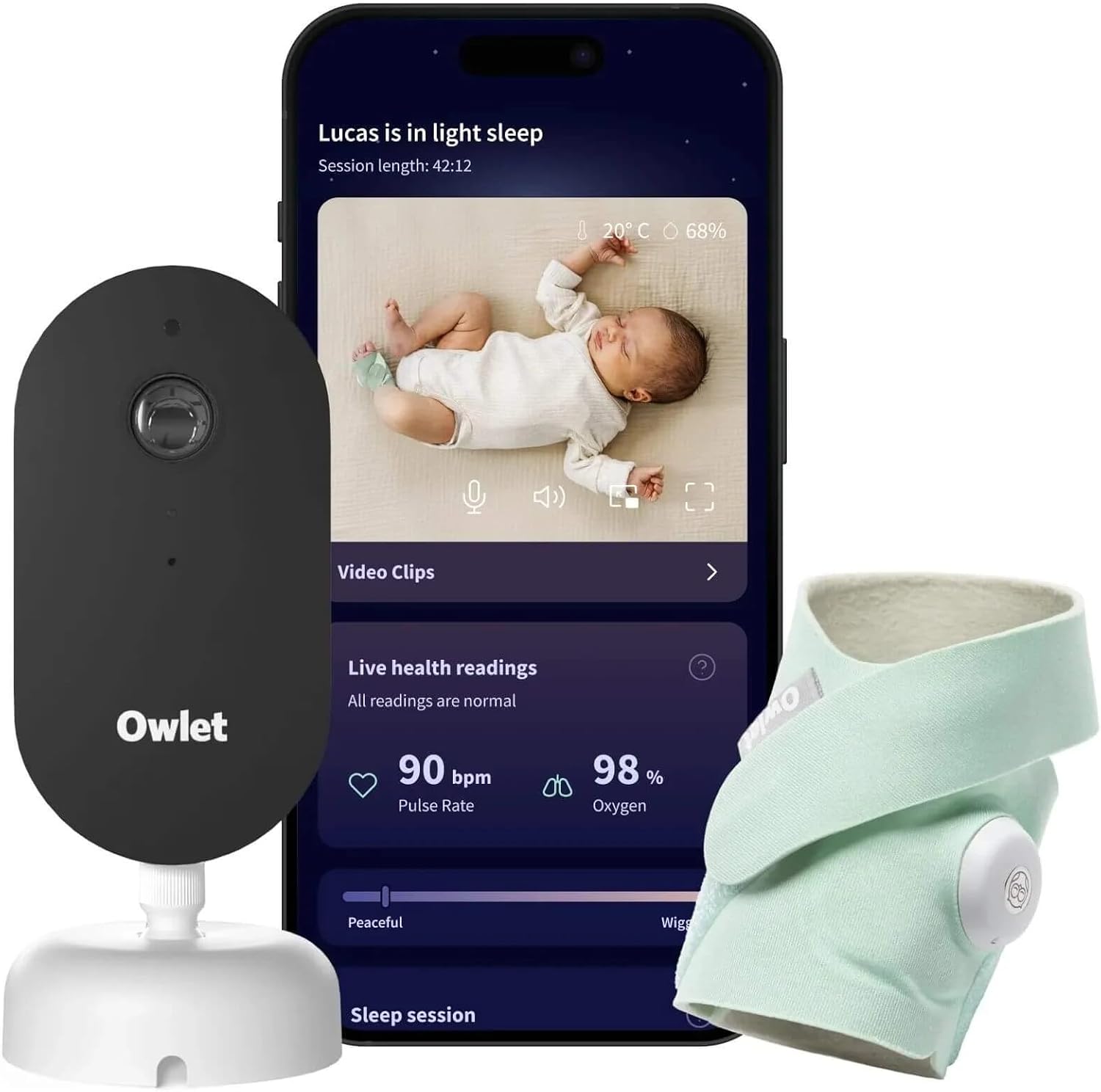 The Owlet Dream Duo 3rd Gen Smart Sleep Monitor HD Camera Sock Motion Alert Green - Product View 1 available from Rouge Technologies