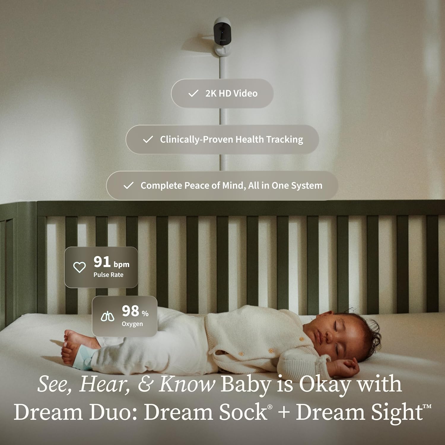 The Owlet Dream Duo 3rd Gen Smart Sleep Monitor HD Camera Sock Motion Alert Green - Product View 2 available from Rouge Technologies