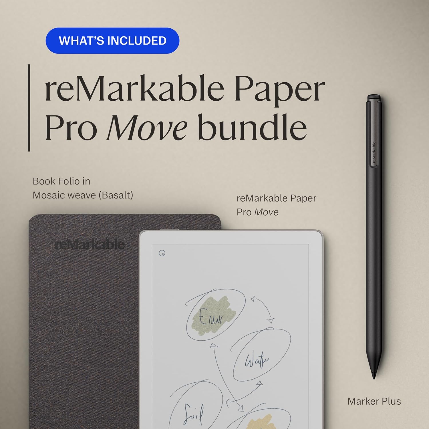 The reMarkable Paper Pro Move Portable Tablet 7.8 Marker Plus and Basalt Book Folio - Product View 2 available from Rouge Technologies